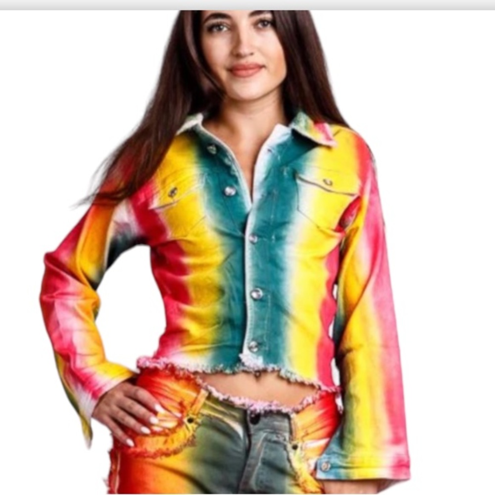 Glory Denim Trucker Jacket Tie Dye  sherpa lined fray hem stretch Size 2X Large